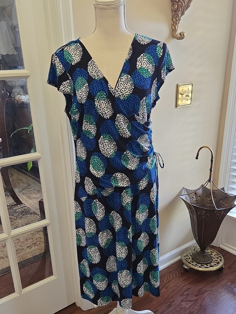 Evan Picone Navy Wrap Dress Blue Green White Circle Print Ruched Side W/tie 16